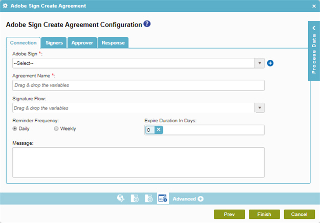 Adobe Sign Create Agreement Configuration Connection tab