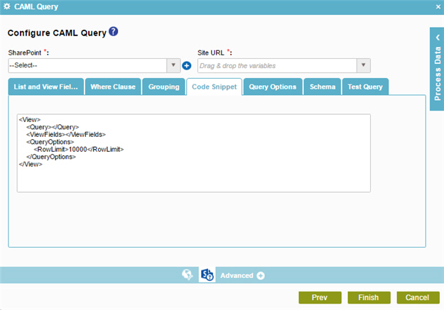 Configure CAML Query Code Snippet tab