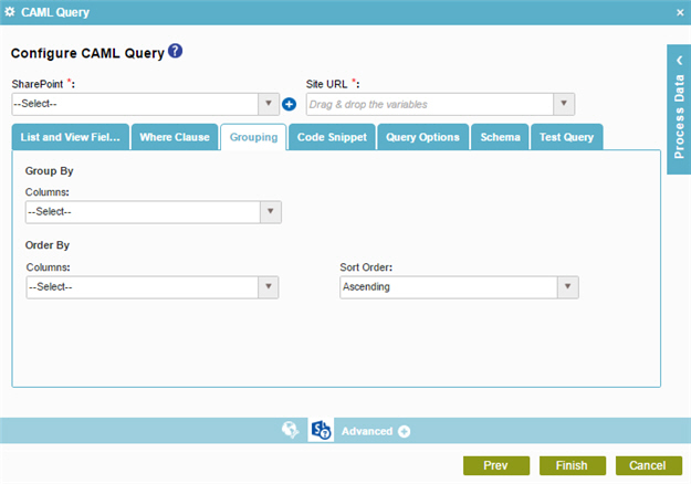 Configure CAML Query Grouping tab