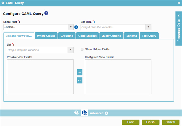 Configure CAML Query screen