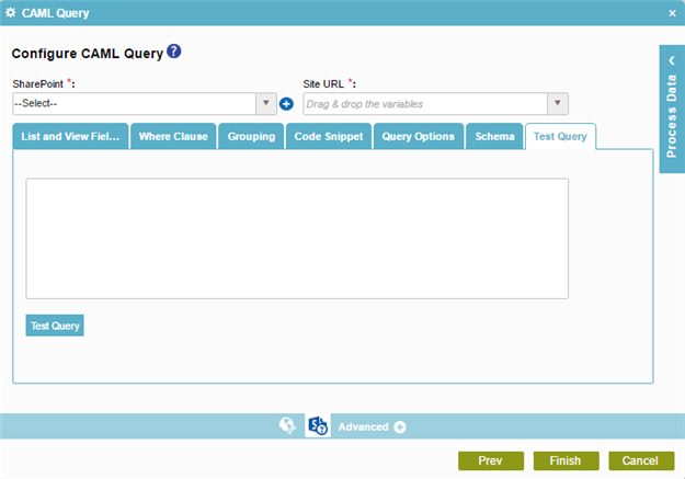 Configure CAML Query Test Query tab