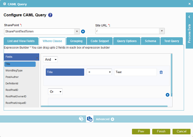 Configure CAML Query Where Clause tab