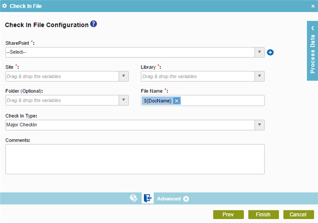 Check In File Configuration screen