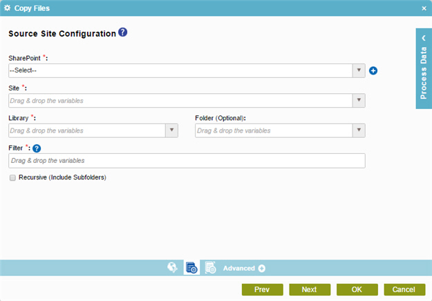 Source Site Configuration screen