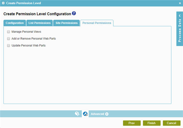 Create Permission Level Configuration Personal Permissions tab