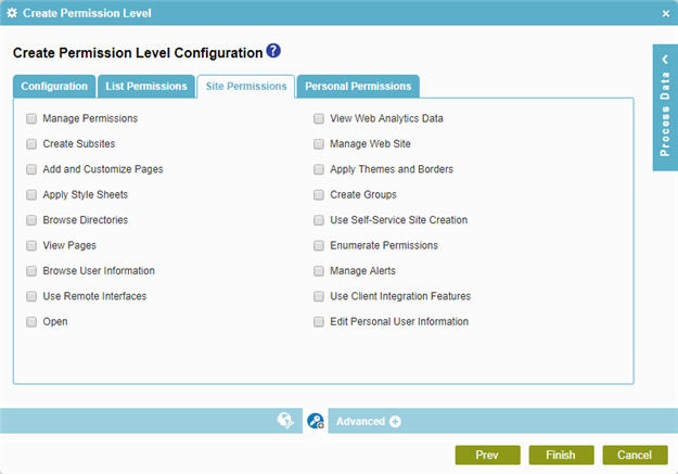 Create Permission Level Configuration Site Permissions tab