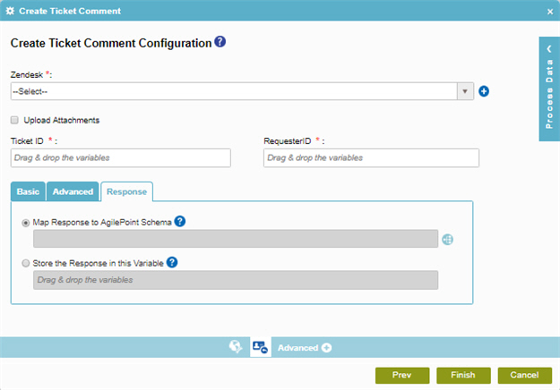 Create Ticket Comment Configuration Response tab