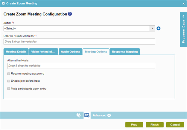 Create Zoom Meeting Configuration Meeting Options tab