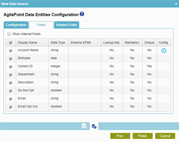 AgilePoint Data Entities Configuration Fields tab