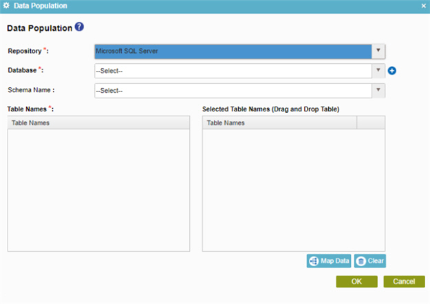 Data Population screen Microsoft SQL Server