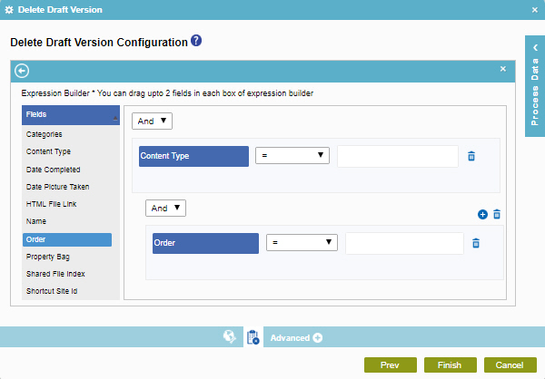 Delete Draft Version Configuration Expression Builder screen