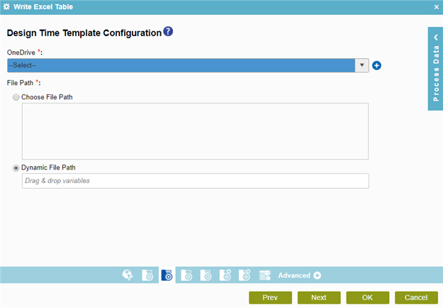 Design Time Template Configuration screen OneDrive
