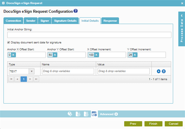 DocuSign eSign Request Configuration Initial Details tab