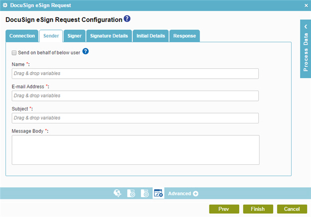 DocuSign eSign Request Configuration Sender tab