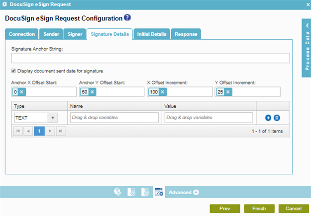 DocuSign eSign Request Configuration Signature Details tab