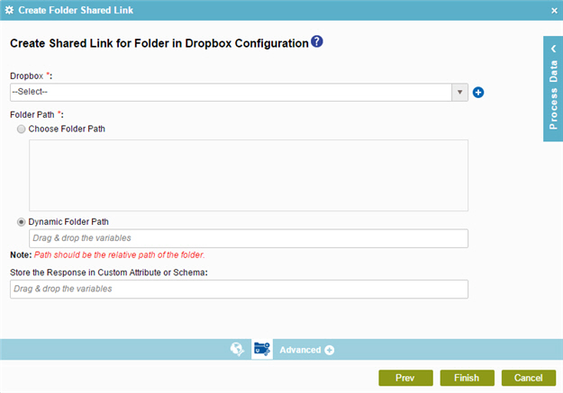 Create Shared Link for Folder in Dropbox Configuration screen