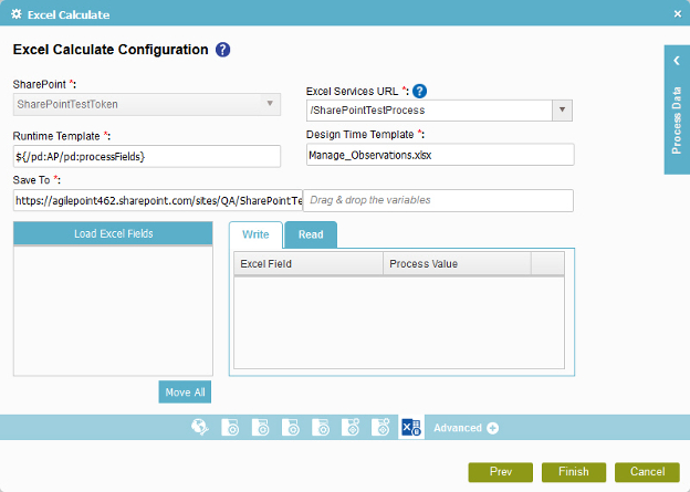 Excel Calculate Configuration screen