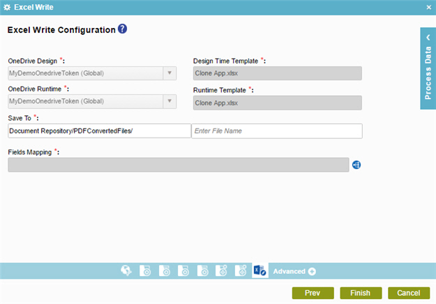 Excel Write Configuration screen