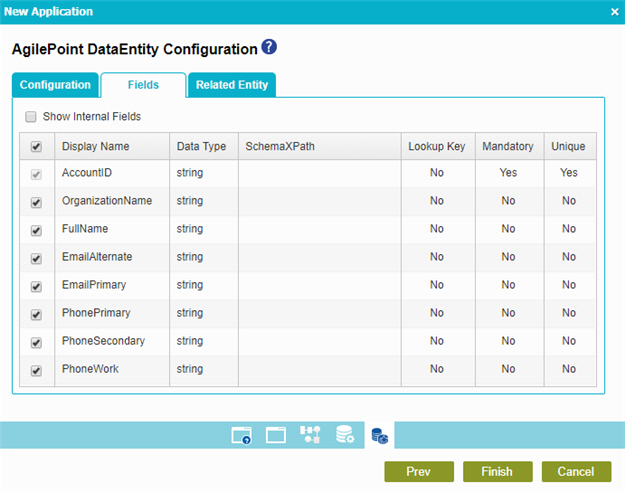 AgilePoint Data Entity Configuration Fields tab