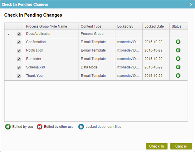 Check In Pending Changes screen