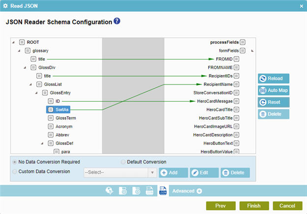 JSON Reader Schema Configuration screen