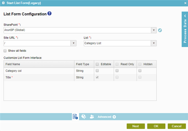 List Form Configuration screen