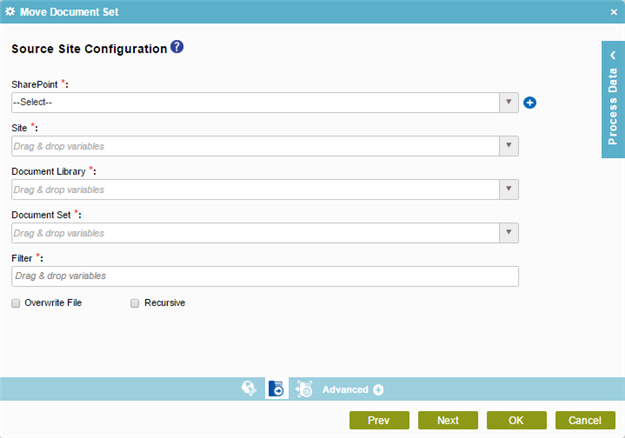 Source Site Configuration screen