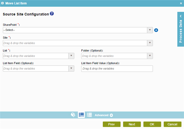 Source Site Configuration screen