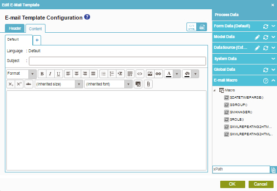 E-mail Template Configuration Content screen