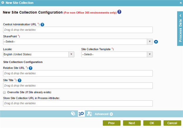 New Site Collection Configuration screen