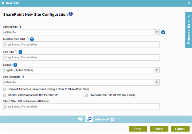 SharePoint New Site Configuration screen