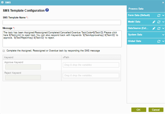 SMS Template Configuration screen