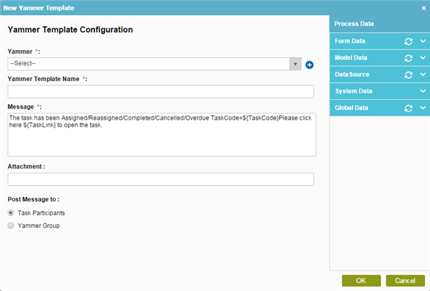 Yammer Template Configuration screen