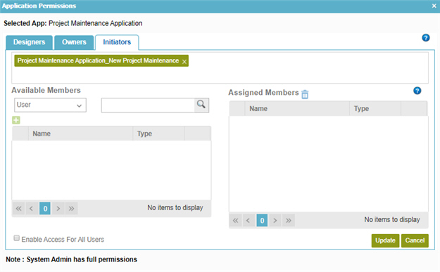 Edit Process Initiators screen