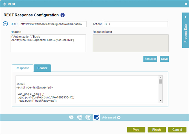 REST Response Configuration Simulate screen