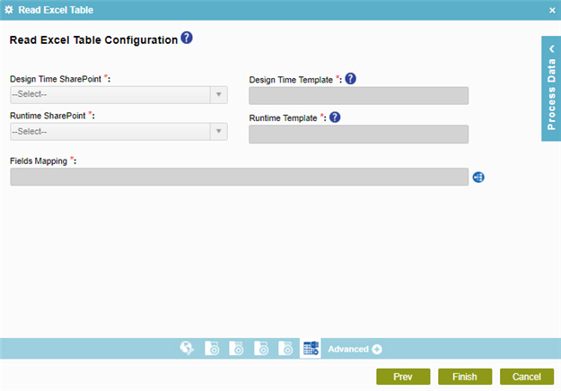 Read Excel Table Configuration screen