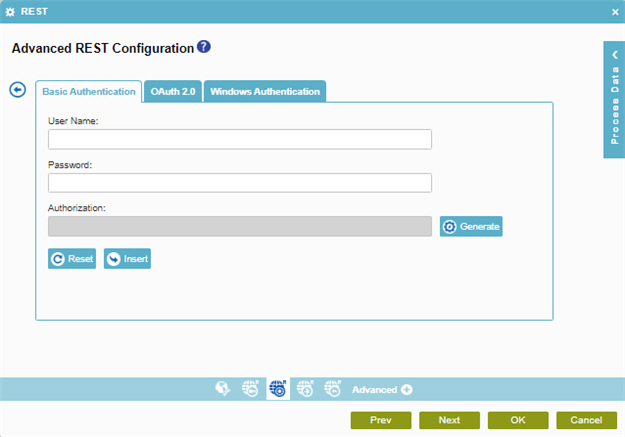 Advanced REST Configuration Authentication Basic Authentication tab