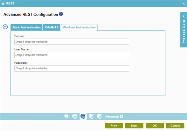 Advanced REST Configuration Authentication screen Windows Authentication tab