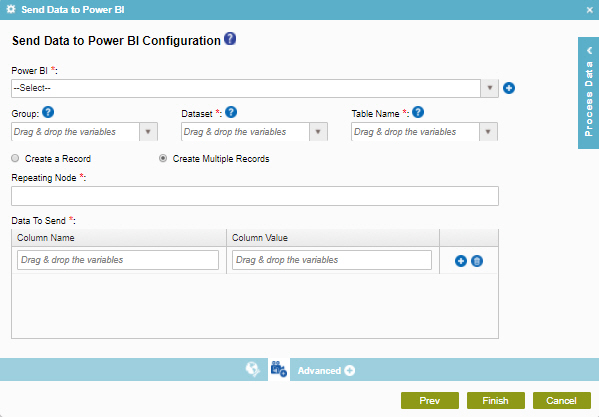 Send Data to Power BI Configuration screen