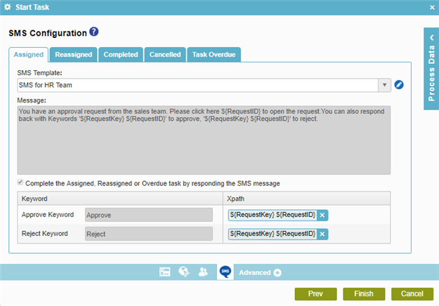 SMS Configuration screen