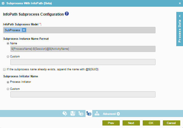 InfoPath Subprocess Configuration screen