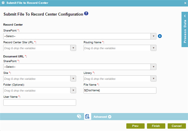 Submit File to Record Center Configuration screen