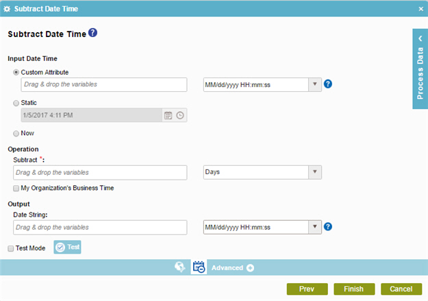 Subtract Date Time screen