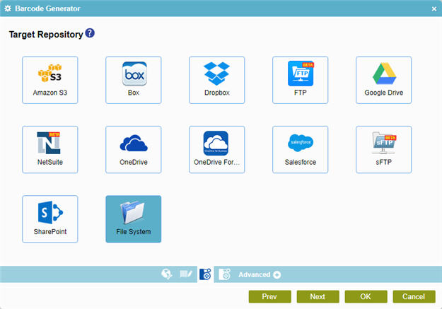 Target Repository screen