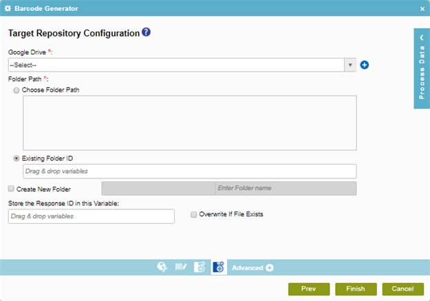 Target Repository Configuration screen Google Drive