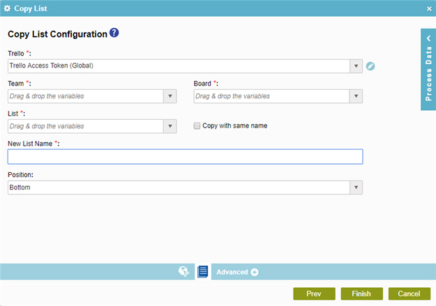 Copy List Configuration screen