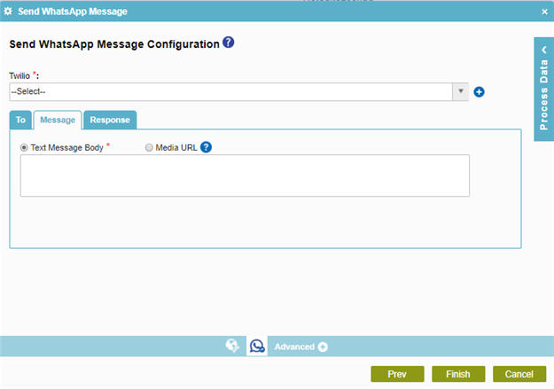 Send WhatsApp Message Configuration screen