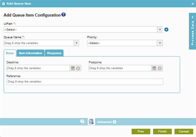 Add Queue Item Configuration Basic tab