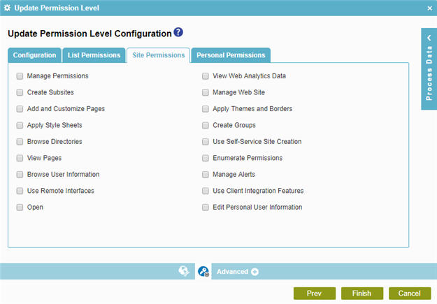 Update Permission Level Configuration Site Permissions tab