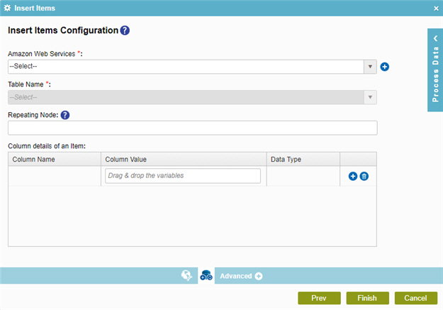 Insert Items Configuration screen